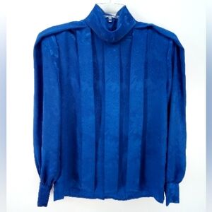 Vintage Shiny Blue Floral Pleated Polyester Vegan 80's Blouse 6 Costume